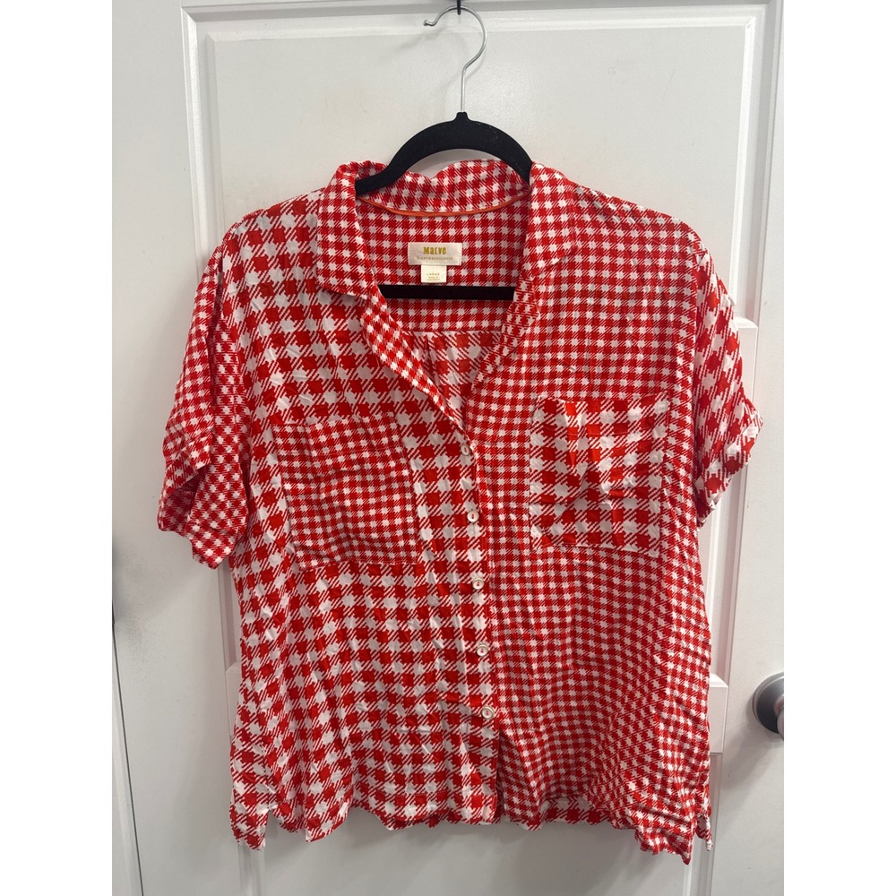 Maeve Anthropologie Red White Gingham Houndstooth Mixed Print Button Down Shirt